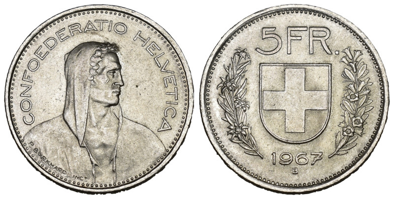 Schweiz | Switzerland | Suisse | Svizzera 5 Franken 1967 Abart, Silber 15g, Dopp...