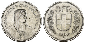 5 Franken 1967 Abart, Silber 15g, Doppelprägung, Rand fehlt teils, vorzüglich