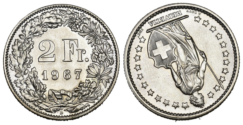 Schweiz | Switzerland | Suisse | Svizzera 2 Franken 1967 Abart Silber 10g KM 21 ...