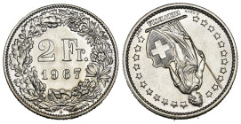 2 Franken 1967 Abart Silber 10g KM 21 ca.25 Grad verschoben, unzirkuliert