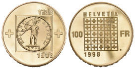 100 Franken 1998, Bern. Zur Erinnerung an die Helvetische Republik 1798-1998. 22.54 g. HMZ 2-1218a. Fr. 516. Im Originaletui mit Zertifikat / In origi...