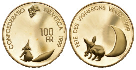 100 Franken 1999 B, Bern. Fête des Vignerons in Vevey. 22.58 g. HMZ 2-1218c. Fr. 518. Im Originaletui mit Zertifikat / In original box with certificat...