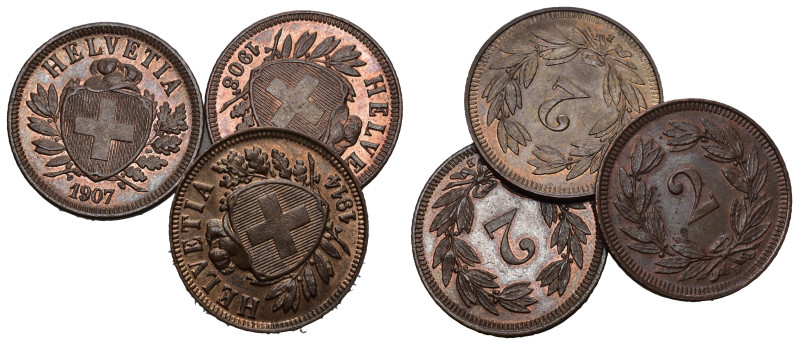 Schweiz | Switzerland | Suisse | Svizzera 2 Rappen 1907+1908+1914, Kupfer 3 Stk ...