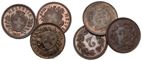 2 Rappen 1907+1908+1914, Kupfer 3 Stk KM 4.2 FDC