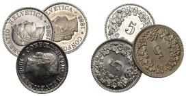 5 Rappen 1883+1898+1908 Cu-Ni, 3 Stk alle FDC