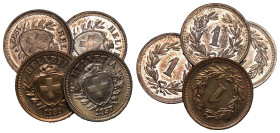 1 Rappen 1932+1936+1937+1939 Kupfer, 4 Stk alle FDC