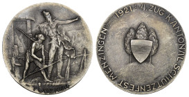 Zug. Silbermedaille 1921. Menzingen. 4. Zuger Kantonalschützenfest. 10.55 g. Richter (Schützenmedaillen) 1684a. Sehr selten / Very rare. FDC Originalb...