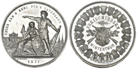 Zürich Weissmetallmedaille 1877. Freischiessen in Winterthur. 32.71 g. Richter 1739c. Fast FDC
