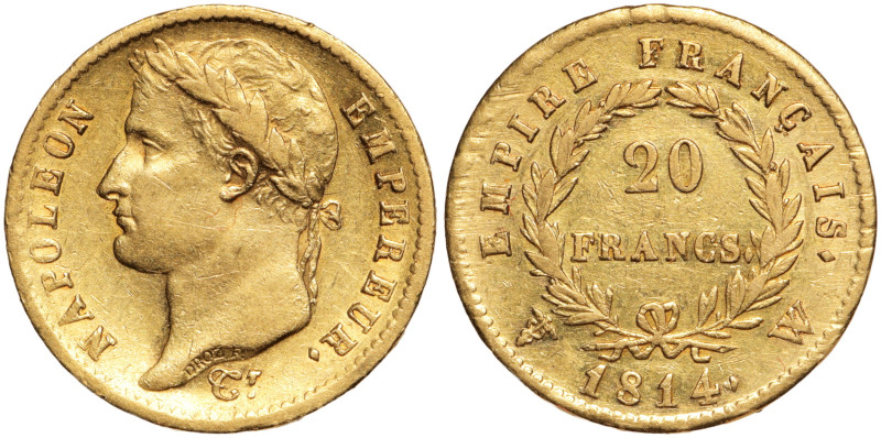 NAPOLEON 1er, EMPEREUR
20 Francs tête laurée, Or, 1814 W, Lille.
Poids: 6,43 g. ...