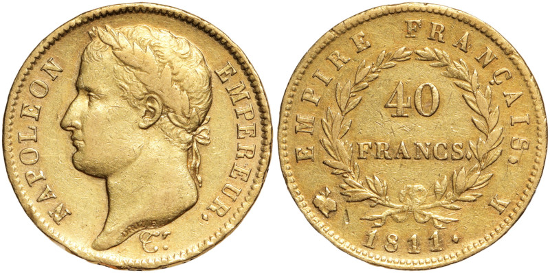 NAPOLEON 1er, EMPEREUR
40 Francs tête laurée, R/: EMPIRE, Or, 1811 K, Bordeaux.
...