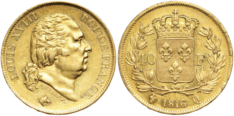LOUIS XVIII 1815-1824 2nd Gouvernement royal
40 Francs buste nu, Or, 1816 Q, Per...
