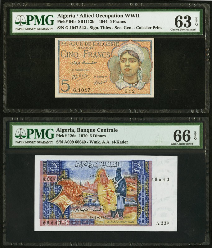 Algeria Banque de l'Algerie 5 Francs; 5 Dinars 1944; 1970 Pick 94b; 126a PMG Cho...