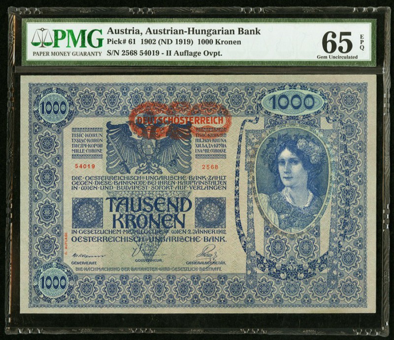 Austria Austrian-Hungarian Bank 1000 Kronen 1902 (ND 1919) Pick 61 PMG Gem Uncir...