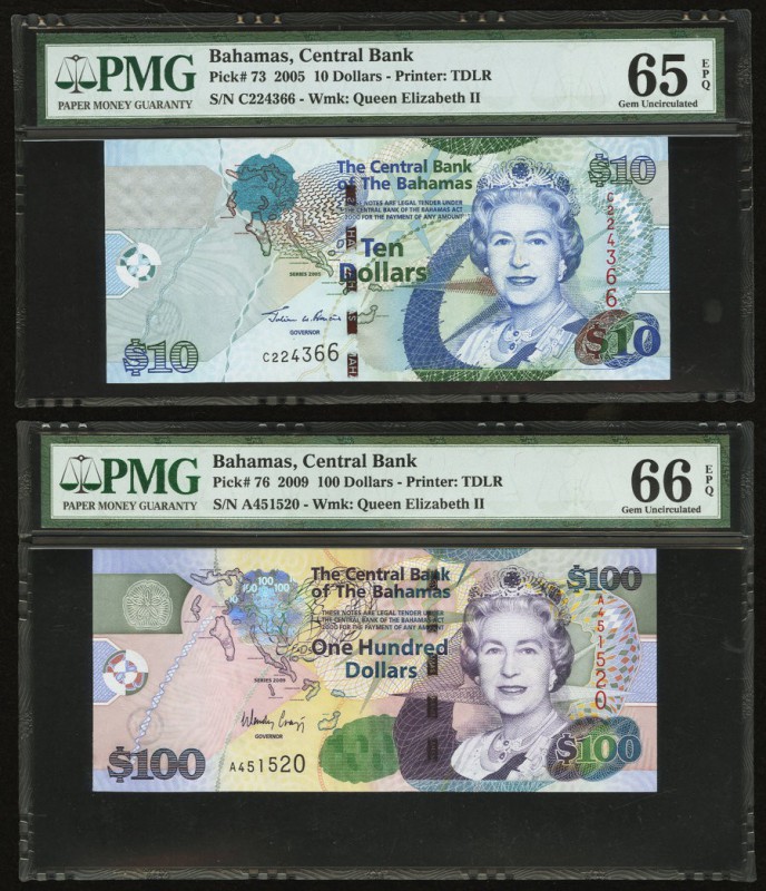 Bahamas Central Bank 10; 100 Dollars 2005; 2009 Pick 73; 76 Two Examples PMG Gem...