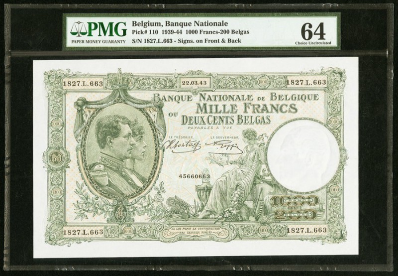 Belgium Banque National de Belgique 1000 Francs 22.3.1943 Pick 110 PMG Choice Un...