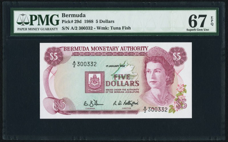 Bermuda Monetary Authority 5 Dollars 1.1.1988 Pick 29d PMG Superb Gem Unc 67 EPQ...