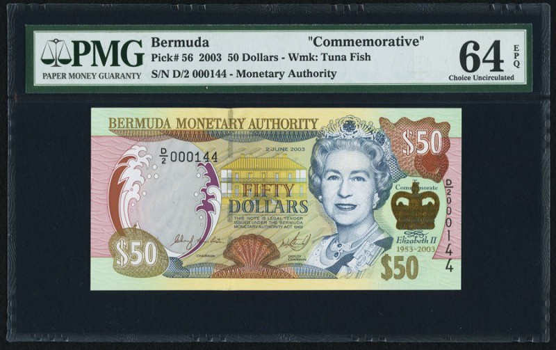 Bermuda Monetary Authority 50 Dollars 2.6.2003 Pick 56 Commemorative PMG Choice ...