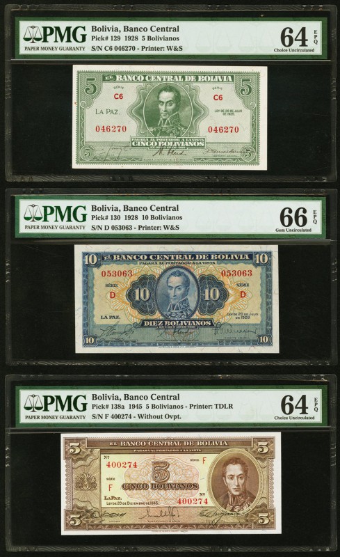 Bolivia Banco Central 5; 10; 5 Bolivianos 1928 (2); 1945 Pick 129; 130; 138a PMG...