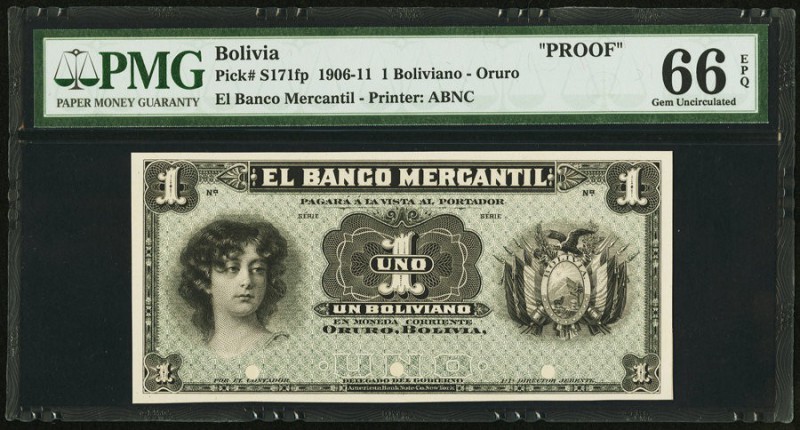 Bolivia Banco Mercantil 1 Boliviano 1906-11 Pick S171fp Front Proof PMG Gem Unci...