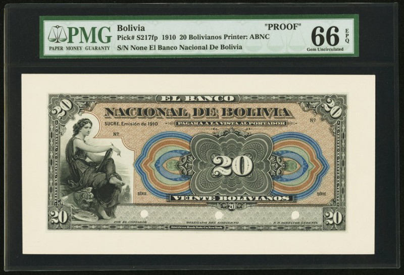 Bolivia Banco Nacional de Bolivia 20 Bolivianos 1910 Pick S217fp Proof PMG Gem U...