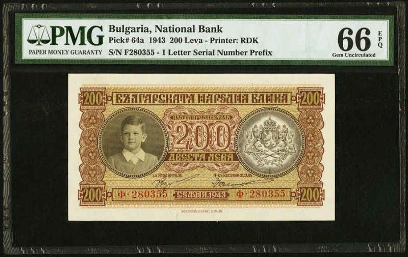 Bulgaria Bulgarian National Bank 200 Leva 1943 Pick 64a PMG Gem Uncirculated 66 ...