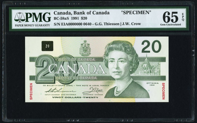 Canada Bank of Canada $20 1991 BC-58aS Specimen PMG Gem Uncirculated 65 EPQ. 

H...