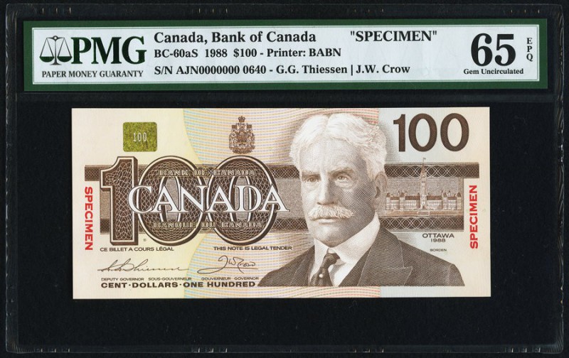 Canada Bank of Canada $100 1988 BC-60aS Specimen PMG Gem Uncirculated 65 EPQ. 

...