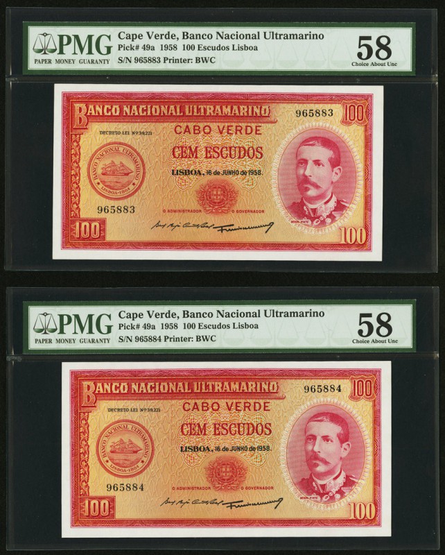 Cape Verde Banco Nacional Ultramarino 100 Escudos 16.6.1958 Pick 49a Two Consecu...
