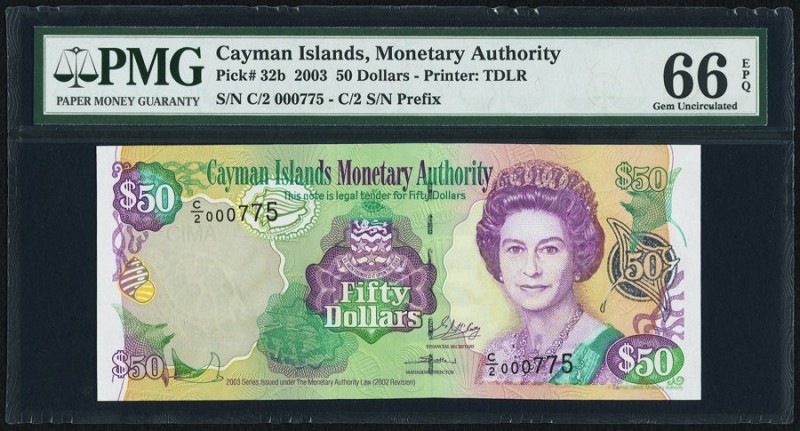 Cayman Islands Monetary Authority 50 Dollars 2003 (ND 2007) Pick 32b PMG Gem Unc...