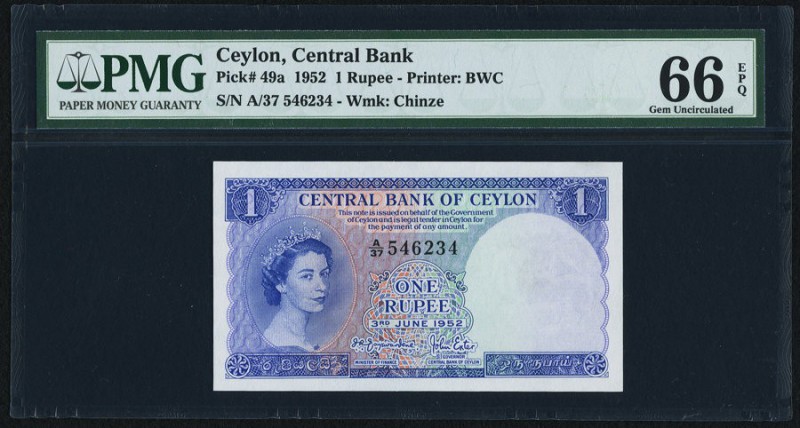 Ceylon Central Bank of Ceylon 1 Rupee 3.6.1952 Pick 49a PMG Gem Uncirculated 66 ...