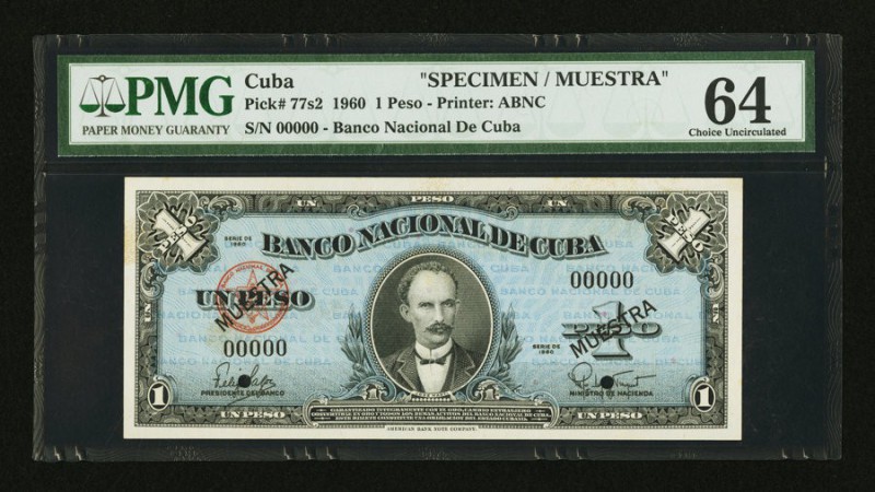 Cuba Banco Nacional de Cuba 1 peso 1960 Pick 77s2 PMG Choice Uncirculated 64. 

...