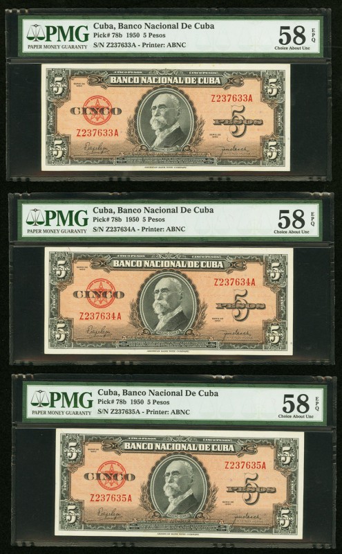 Cuba Banco Nacional de Cuba 5 Pesos 1950 Pick 78b Three Consecutive Examples PMG...