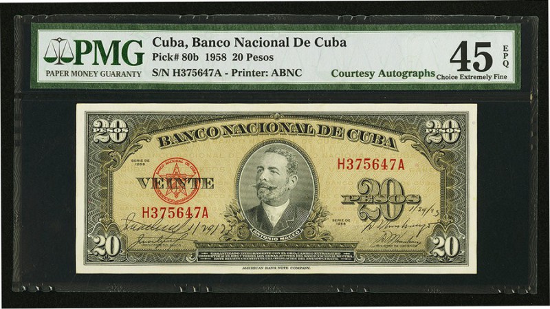 Cuba Banco Nacional de Cuba 20 Pesos 1958 Pick 80b Courtesy Autograph's PMG Choi...