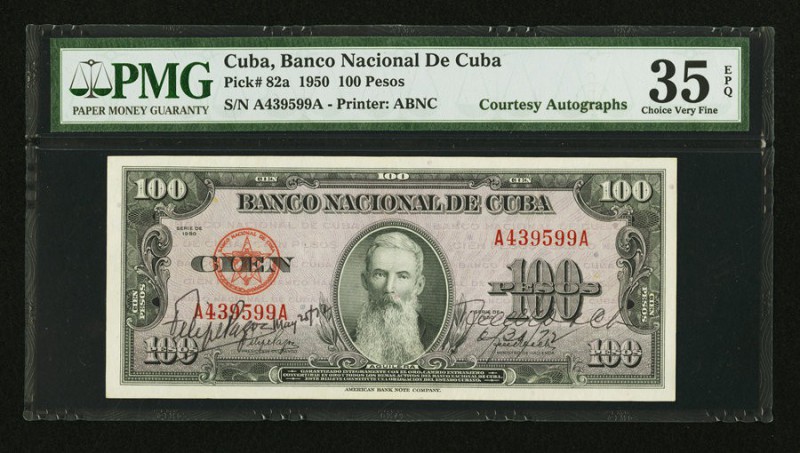 Cuba Banco Nacional de Cuba 100 Pesos 1950 Pick 82a Courtesy Autograph's PMG Cho...