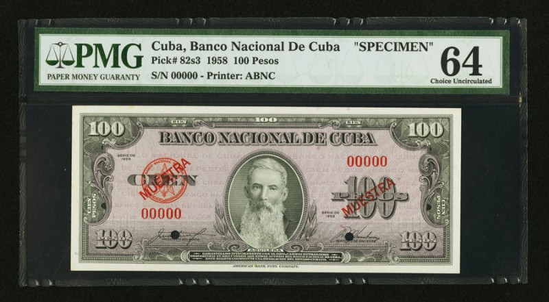 Cuba Banco Nacional de Cuba 100 Pesos 1958 Pick 82s3 Specimen PMG Choice Uncircu...