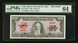 Cuba Banco Nacional de Cuba 100 Pesos 1958 Pick 82s3 Specimen PMG Choice Uncirculated 64. Two POCs.

HID09801242017