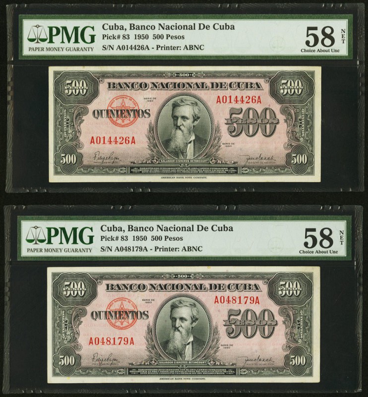 Cuba Banco Nacional de Cuba 500 Pesos 1950 Pick 83 Two Examples PMG Choice About...