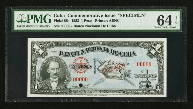 Cuba Banco Nacional de Cuba 1 Peso 1953 Pick 86s "Commemorative Issue" Specimen ...