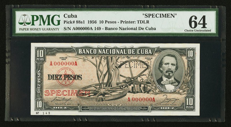 Cuba Banco Nacional de Cuba 10 Pesos 1956 Pick 88s1 Specimen PMG Choice Uncircul...