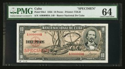 Cuba Banco Nacional de Cuba 10 Pesos 1956 Pick 88s1 Specimen PMG Choice Uncirculated 64. 

HID09801242017