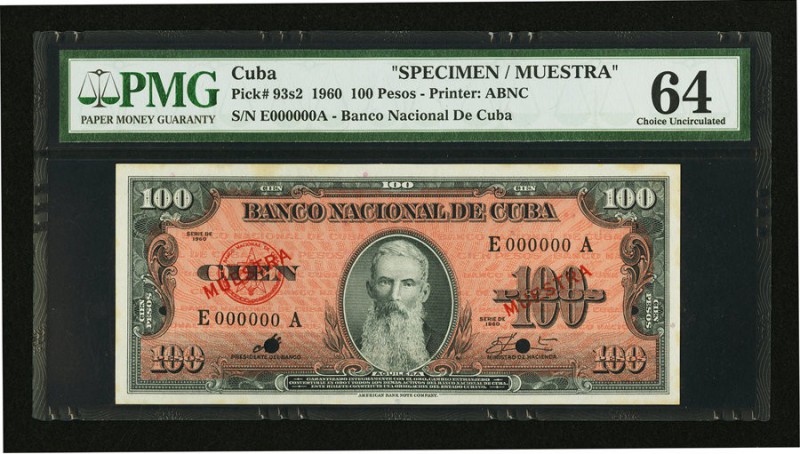 Cuba Banco Nacional de Cuba 100 Pesos 1960 Pick 93s2 Specimen PMG Choice Uncircu...