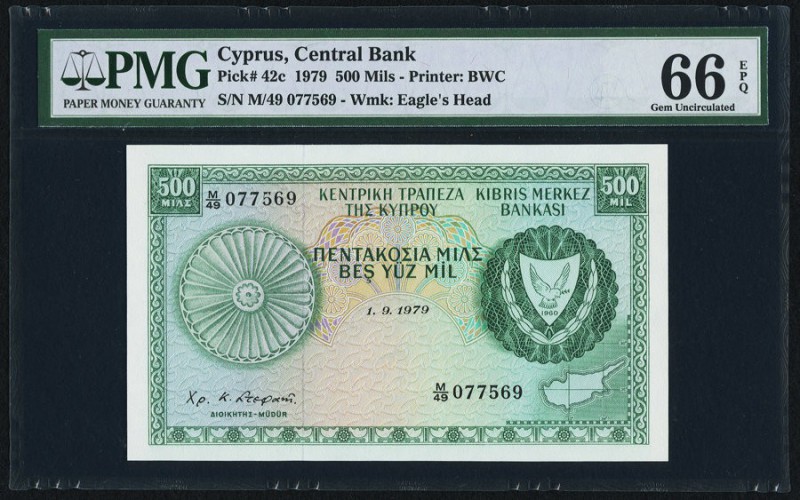Cyprus Central Bank of Cyprus 500 Mils 1.9.1979 Pick 42c PMG Gem Uncirculated 66...