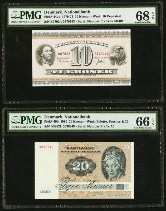 Denmark Nationalbank 10; 20 Kroner 1970-71; 1980 Pick 44ae; 49b Two Examples PMG...