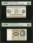 Denmark Nationalbank 10; 20 Kroner 1970-71; 1980 Pick 44ae; 49b Two Examples PMG Superb Gem Unc 68 EPQ; Gem Uncirculated 66 EPQ. 

HID09801242017