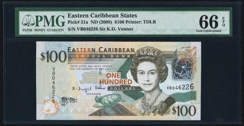 East Caribbean States Central Bank 100 Dollars ND (2008) Pick 51a PMG Gem Uncirc...