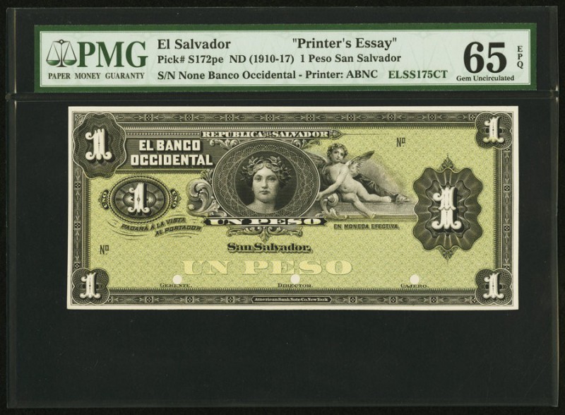El Salvador Banco Occidental 1 Peso ND (1910-17) Pick S172pe Printer's Essay PMG...