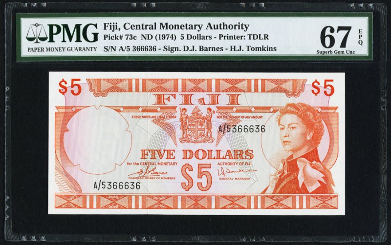 Fiji Central Monetary Authority 5 Dollars ND (1974) Pick 73c PMG Superb Gem Unc ...