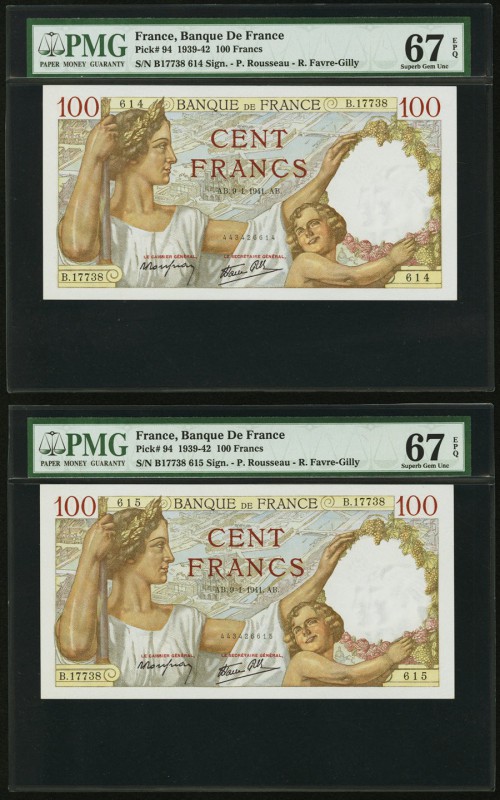 France Banque de France 100 Francs 9.1.1941 Pick 94 Two Consecutive Examples PMG...