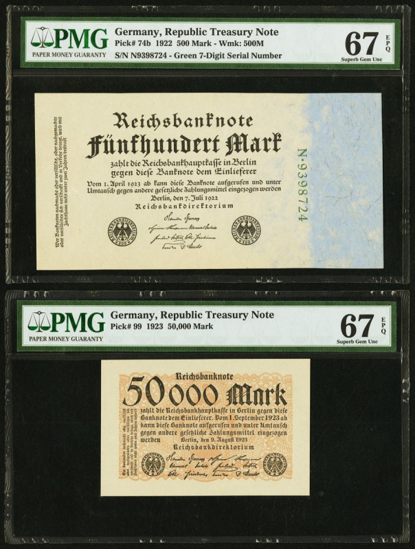 Germany Republic Treasury Note 500; 50,000 Mark 1922; 1923 Pick 74b; 99 Two Exam...