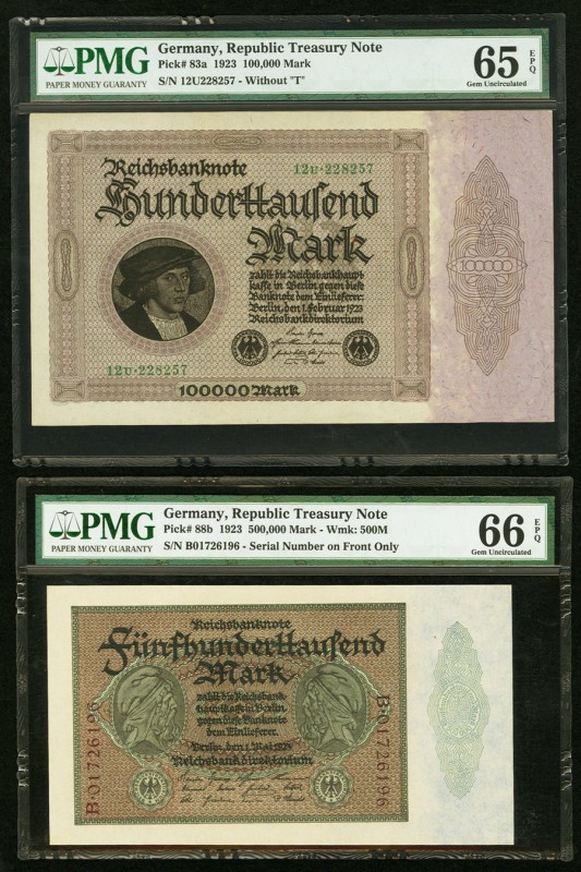 Germany Republic Treasury Note 100,000; 500,000 Mark 1923 Pick 83a; 88b Two Exam...